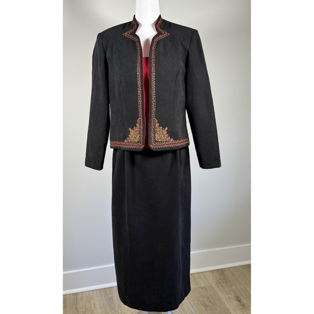 Vintage 90s 3 Pc Suit Set M Black Red Embroidered Jacket Skirt Top Modest Formal